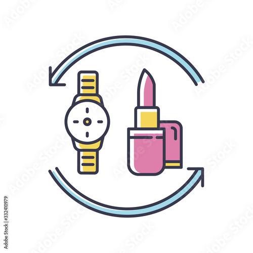 Barter RGB color icon. Swap products. Marketing strategy. Economic deal with goods. Exchange beauty and fashion items. Commerce circulation. Market anad consumption. Isolated vector illustration