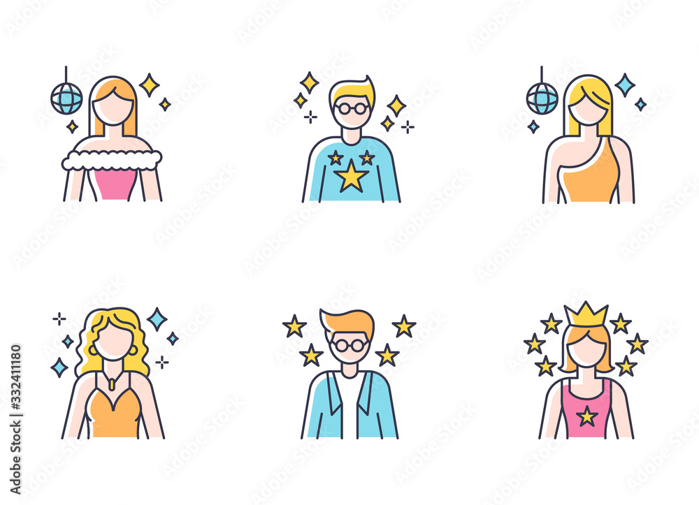 Popular celebrity RGB color icons set. Famous female and male actors. Talent show star. Successful entertainer. Stylish idol. Popular superstar. Hollywood person. Isolated vector illustrations