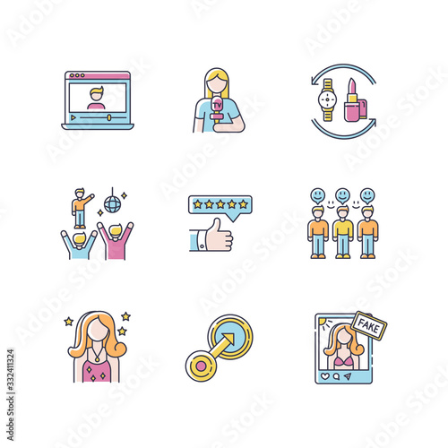 Social media promotion RGB color icons set. Vlogger influencer. Female journalist. Fake celebrity social media account. Barter of products. Loyal audience. Isolated vector illustrations