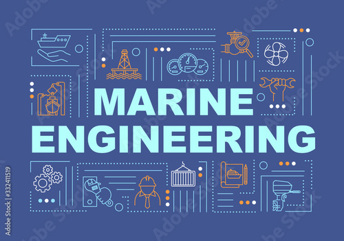 Marine engineering word concepts banner. Ship manufacturing. Water vessel maintenance. Infographics with linear icons on blue background. Isolated typography. Vector outline RGB color illustration