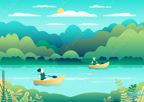 Rowing  sailing in boats as a sport or form of recreation vector flat illustration. Boating fun for all the family outdoors. Travel  go in a boat for pleasure. Landscape with lake  people go boating