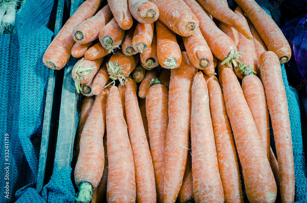 Fresh red cabbages and carrots at farmer market in Washington, America Fresh red cabbages and carrots at farmer market in Washington, America
