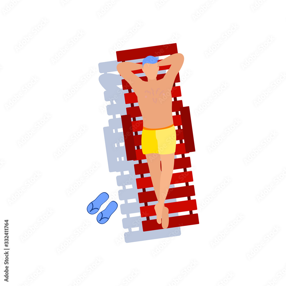 Handsome man lies on sun lounger and sunbathing. Happy person sunbathing and relaxation. Summertime vacation concept. Cartoon male character on beach, top view. Trendy flat vector illustration