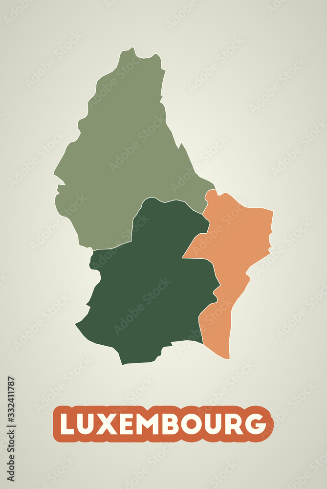 Luxembourg poster in retro style. Map of the country with regions in autumn color palette. Shape of Luxembourg with country name. Cool vector illustration.