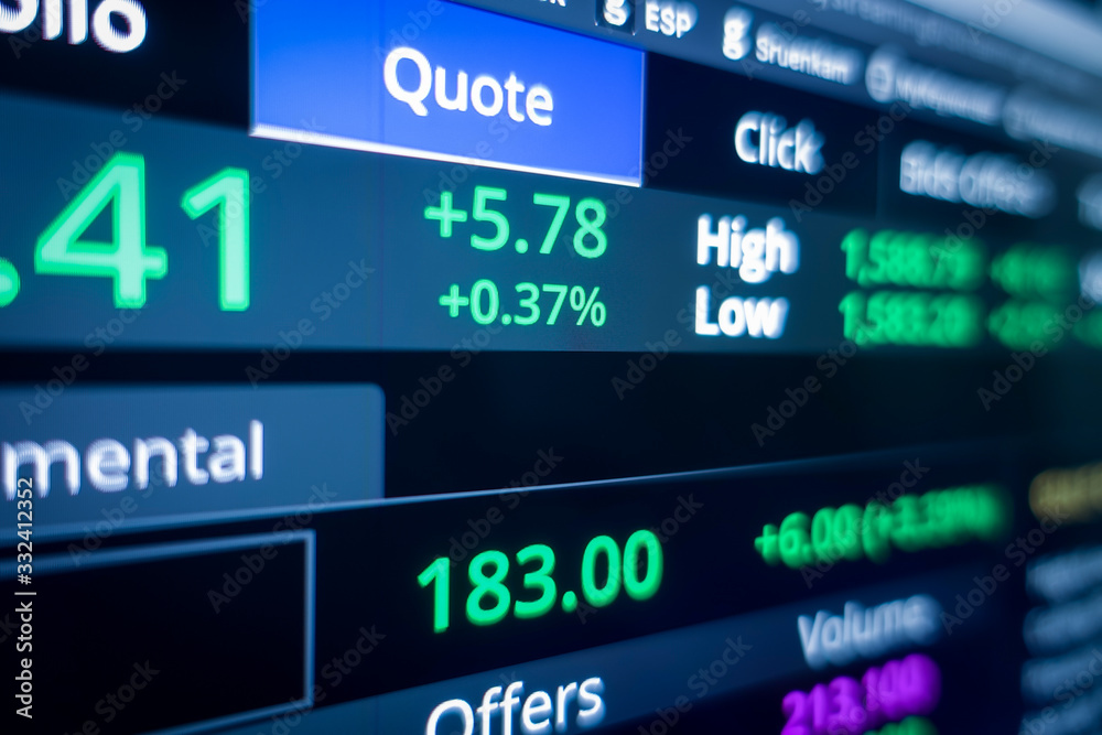 Stock market graph and ticker for businese analysis on LED screen monitor. Finance, Investing and exconomic concept. Stock market graph and ticker for businese analysis on LED screen monitor. Finance, Investing and exconomic concept.