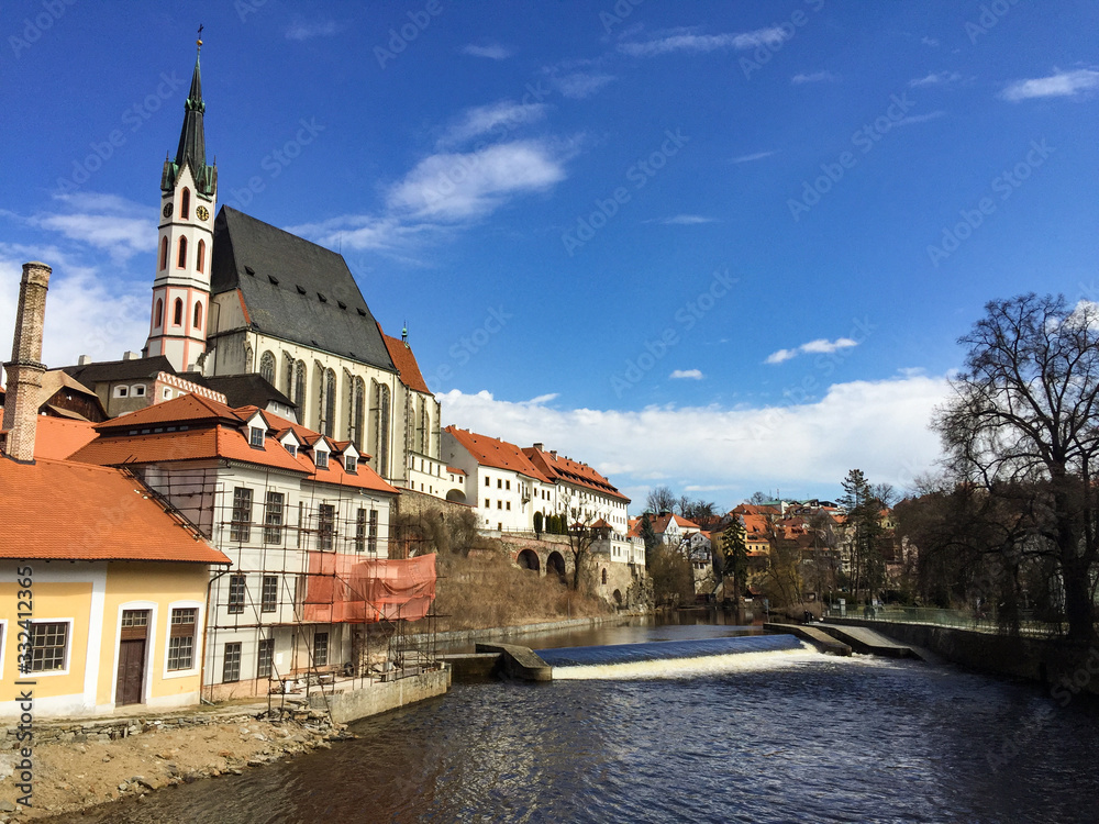 Cesky Krumlov on a sunny day, view from the river