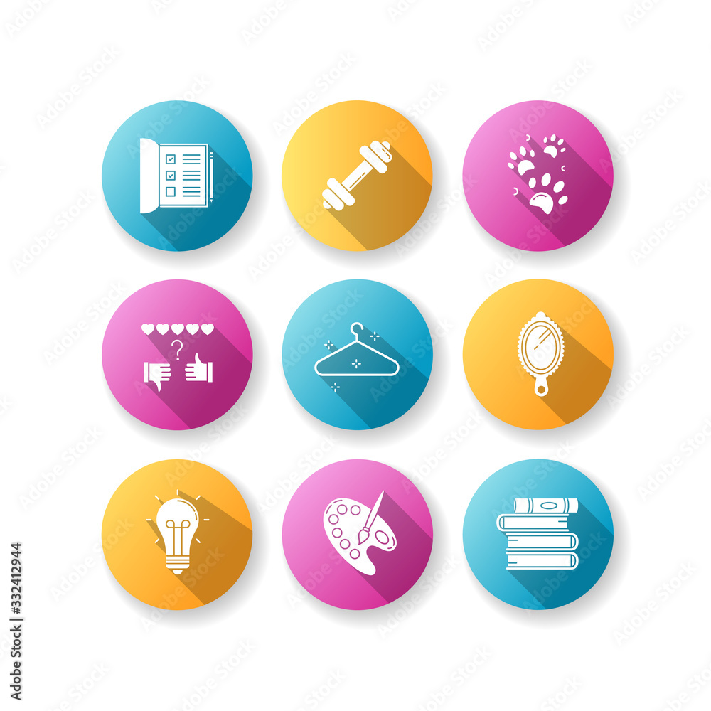 Lifestyle flat design long shadow glyph icons set. List for work. Sport activities. Pet paws print. Review rate. Empty hanger. Hand mirror. Creative hobby. Silhouette RGB color illustrations Lifestyle flat design long shadow glyph icons set. List for work. Sport activities. Pet paws print. Review rate. Empty hanger. Hand mirror. Creative hobby. Silhouette RGB color illustrations