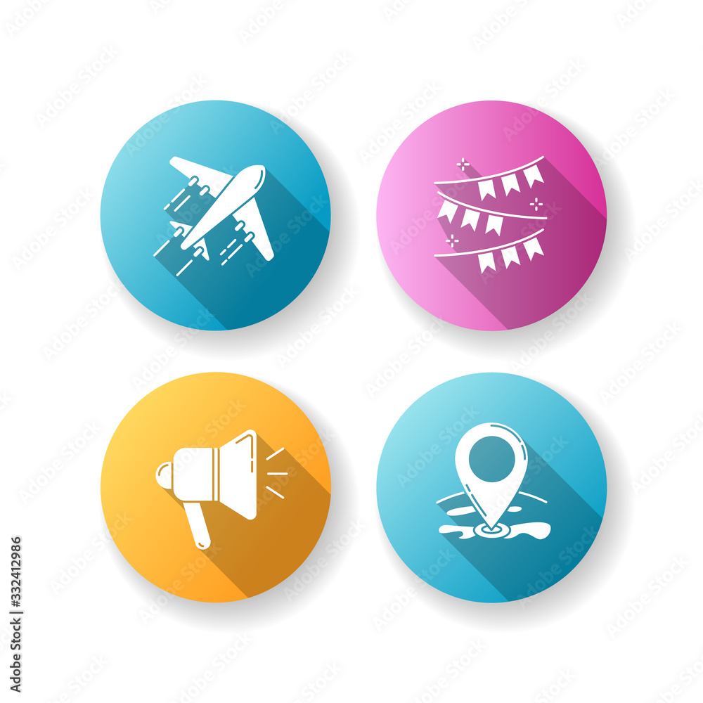 Holiday recreation flat design long shadow glyph icons set. Planning event. Travel with airplane. Celebrate event. Festive decoration. GPS point location. Silhouette RGB color illustrations Holiday recreation flat design long shadow glyph icons set. Planning event. Travel with airplane. Celebrate event. Festive decoration. GPS point location. Silhouette RGB color illustrations
