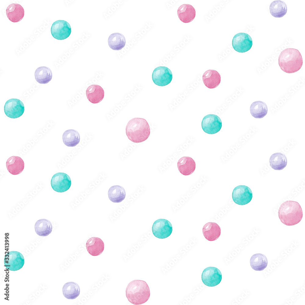 Watercolor cute seamless pattern. Turquoise, pink and lilac pearl on a white background. Baby illustration texture. Hand drawing abstract baby wallpaper. For a design textil, children's room, party.