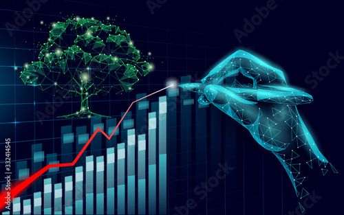 3D digital ecology positive trend concept. Nature save planet business idea increase profits marketing. Investment control hand pen drawing graphic vector illustration