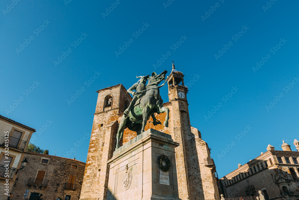 Equestrian statue of Francisco Pizarro and San Martin Parish, Trujillo, Spain