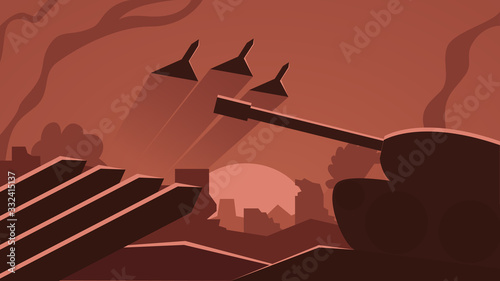 Vector illustration of a war scene, battleground. Battlefield drawing with a tank, fighter jets, combat weapons, guns and smoke. Concept illustration of a war.