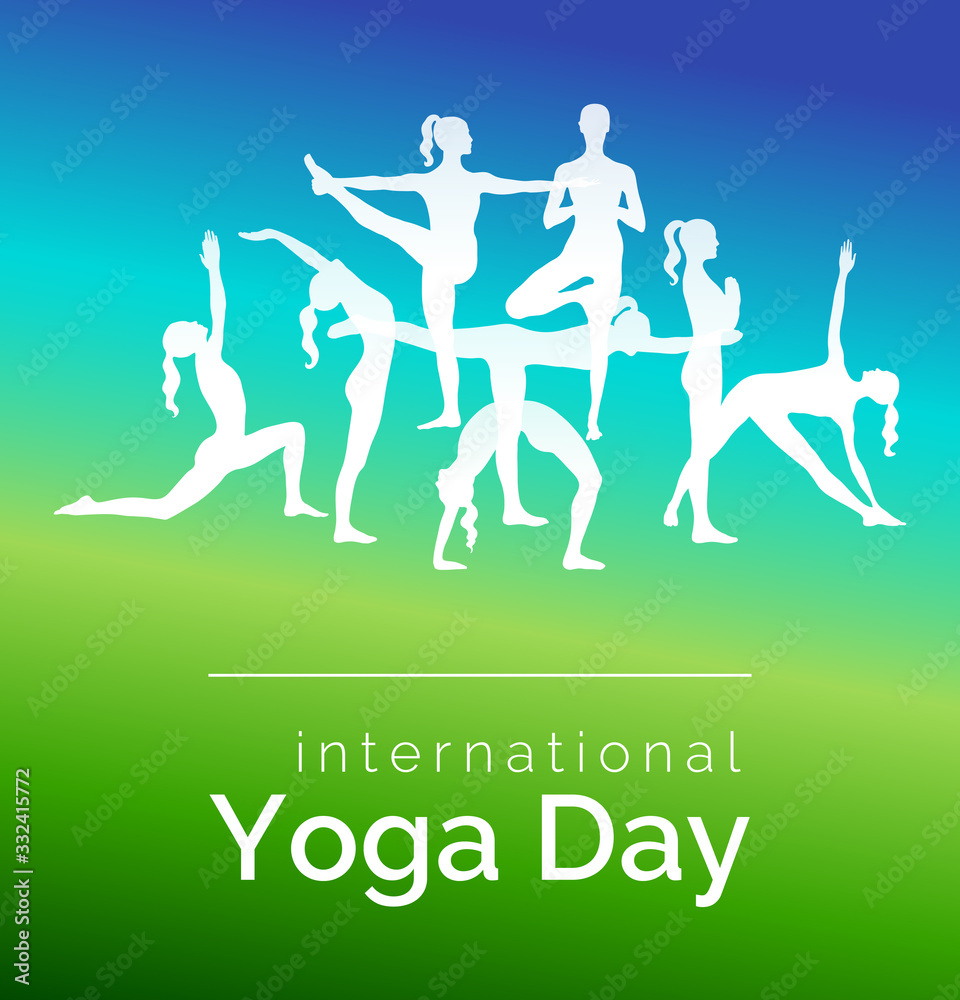 Bright banner in gradient colors with women silhouettes for international yoga day.
