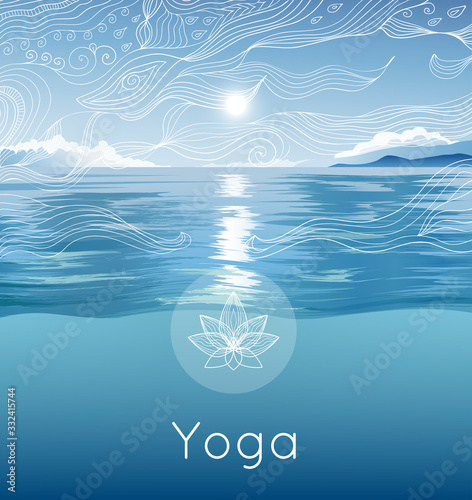 Vector poster with blue sky, ocean, sun, hand drawn pattern, lotus and text for yoga retreat, fitness studio, spa salon. Bright illustration with summer landscape.