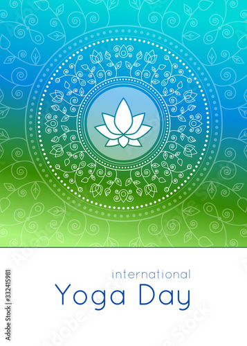 Bright vertical banner in gradient colors with floral ornament and lotus for international yoga day.