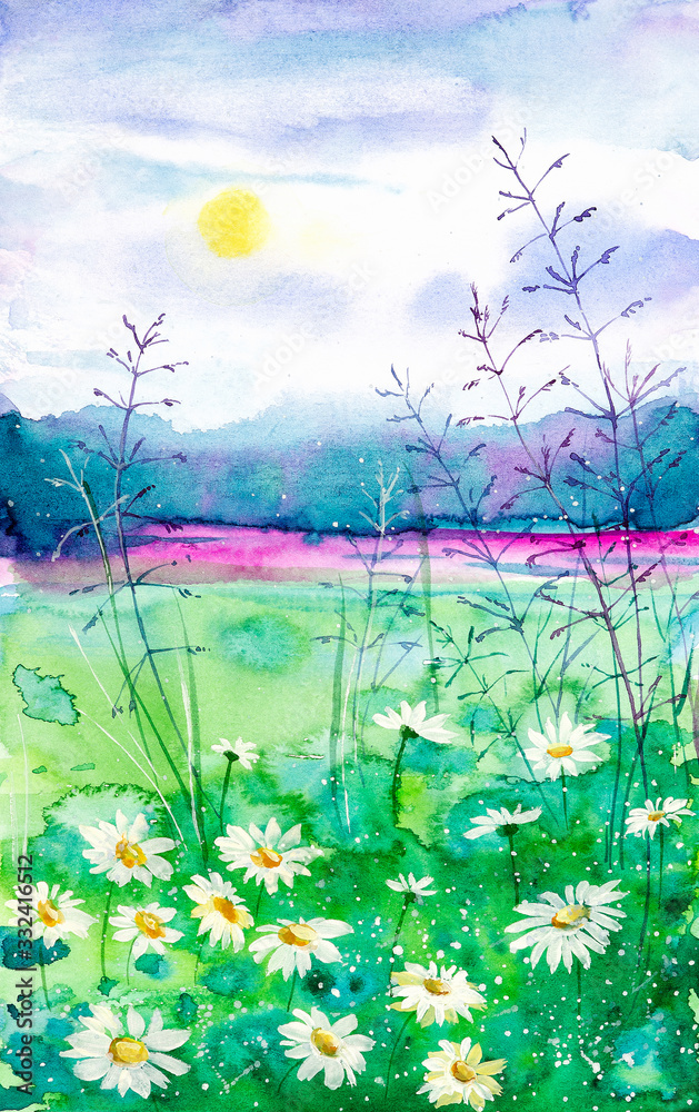 Watercolor illustration of a Russian field with daisies against the background of a forest and the setting sun