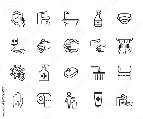 Vector set of hygiene line icons. Contains icons washing hands, antiseptic, soap, virus protection, bathroom, toothpaste and more. Pixel perfect.
