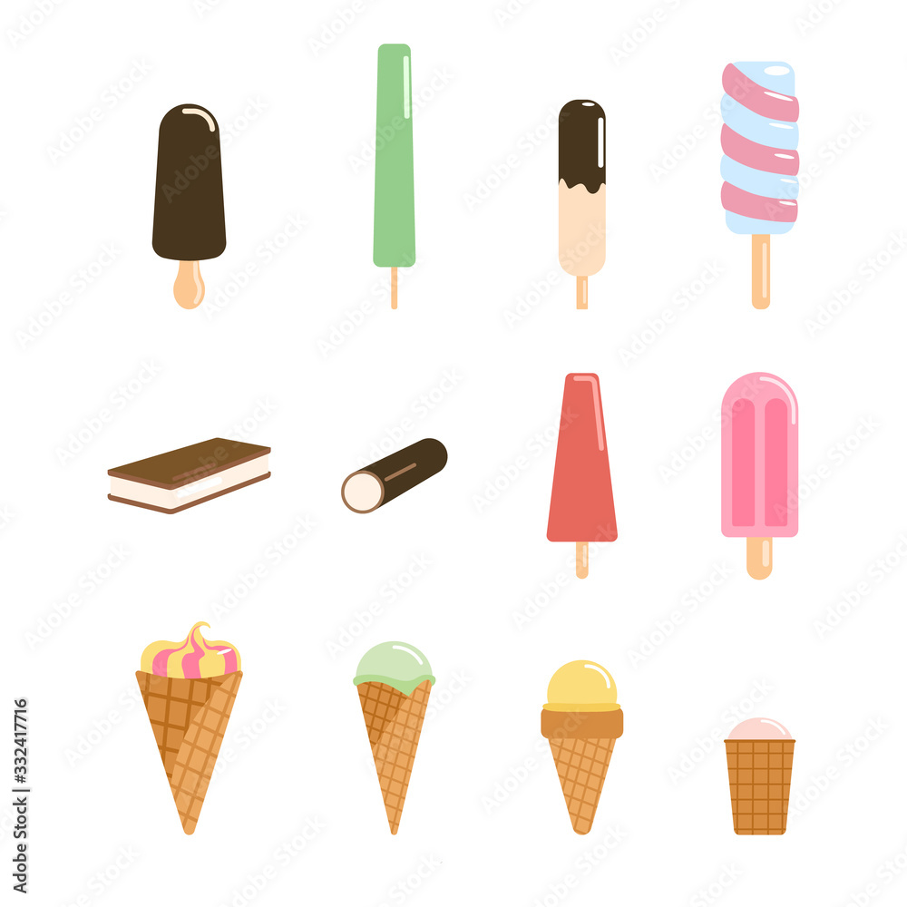 Set of ice cream. Collections popsicles, Frozen Yogurt, ice cream in chocolate glaze on a wooden stick Set of ice cream. Collections popsicles, Frozen Yogurt, ice cream in chocolate glaze on a wooden stick