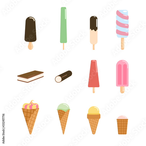 Set of ice cream. Collections popsicles, Frozen Yogurt, ice cream in chocolate glaze on a wooden stick