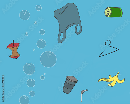  illustration save our planet, trash floats in the sea and ocean