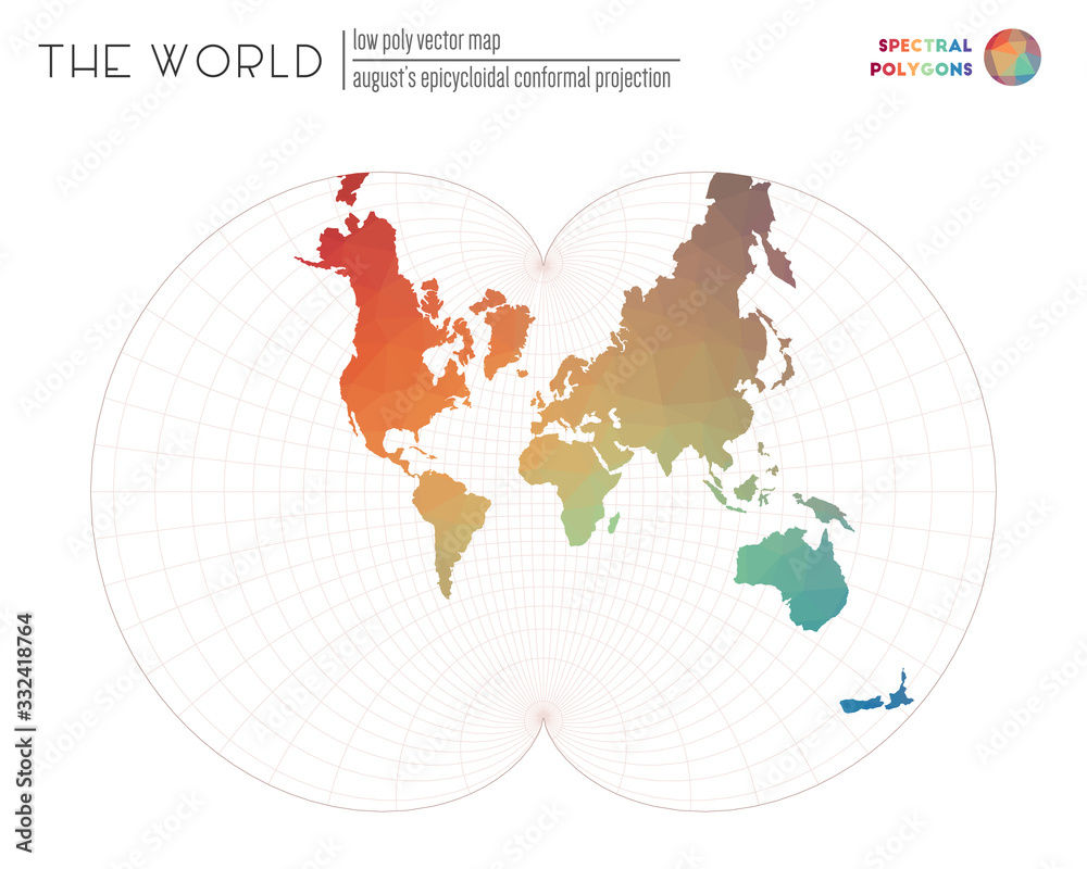 Low poly world map. August's epicycloidal conformal projection of the world. Spectral colored polygons. Elegant vector illustration. Low poly world map. August's epicycloidal conformal projection of the world. Spectral colored polygons. Elegant vector illustration.