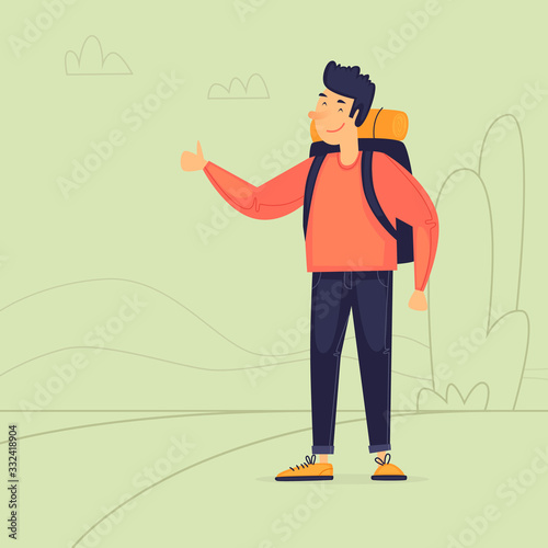 Hitchhiking, a man stops transport. Journey. Flat design vector illustration.