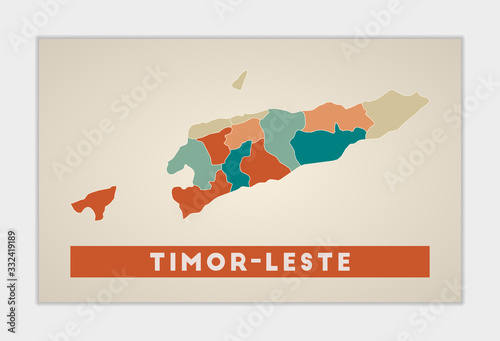 Timor-Leste poster. Map of the country with colorful regions. Shape of Timor-Leste with country name. Captivating vector illustration.