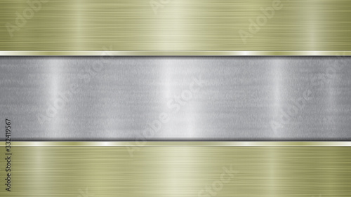 Background consisting of a silver shiny metallic surface and two horizontal polished golden plates located above and below, with a metal texture, glares and burnished edges