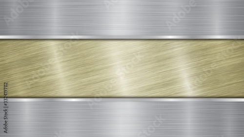 Background consisting of a golden shiny metallic surface and two horizontal polished silver plates located above and below, with a metal texture, glares and burnished edges
