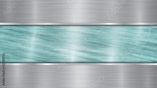 Background consisting of a light blue shiny metallic surface and two horizontal polished silver plates located above and below, with a metal texture, glares and burnished edges