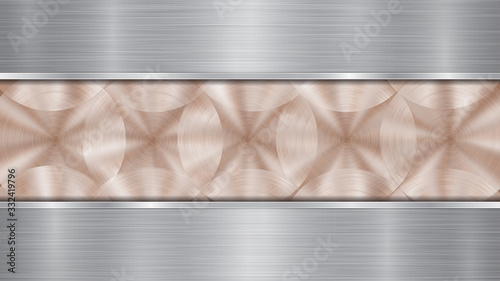 Background consisting of a bronze shiny metallic surface and two horizontal polished silver plates located above and below, with a metal texture, glares and burnished edges