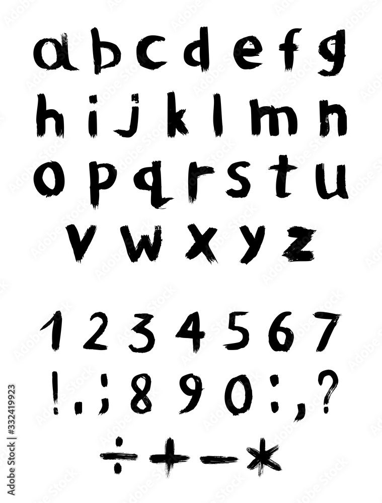 Vector set of textured and grunge letters, numbers and punctuation marks for your font. Alphabet with exclamation and question mark, plus, minus, colon, point, comma and other signs. Handwritten ABC. Vector set of textured and grunge letters, numbers and punctuation marks for your font. Alphabet with exclamation and question mark, plus, minus, colon, point, comma and other signs. Handwritten ABC.