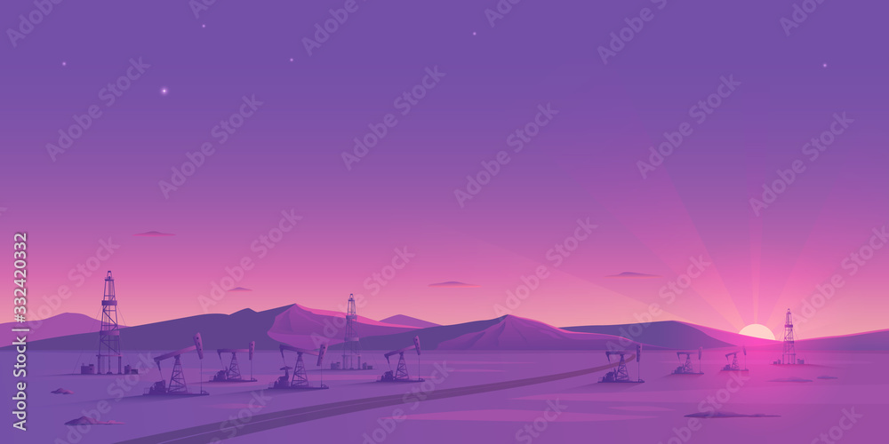 Φωτογραφία Oil extraction is on an evening landscape of the plain that has mountains on the horizon, the sun behind the mountains, and the road