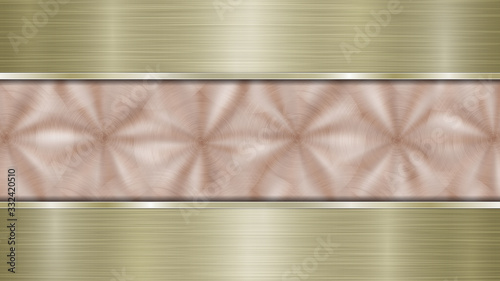 Background consisting of a bronze shiny metallic surface and two horizontal polished golden plates located above and below, with a metal texture, glares and burnished edges