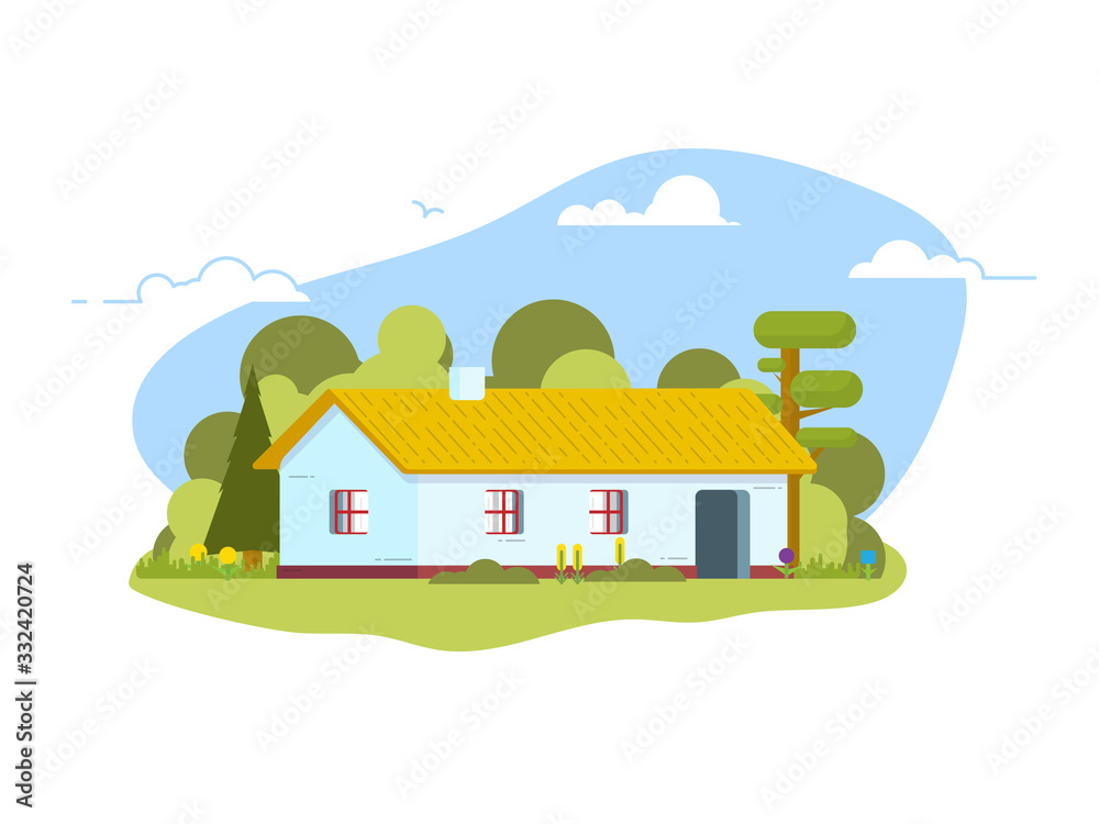 Old house in village. White clay house with straw roof and small windows on nature background in the countryside. Traditional ukrainian home, surrounded by vegetation and forest. Blue sky background.