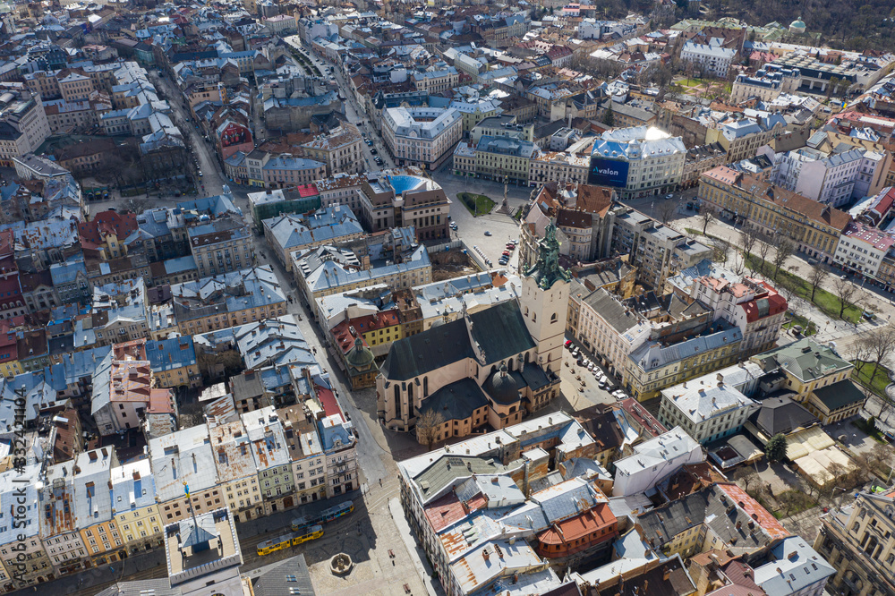 Empty Lviv streets during COVID-19 Quarantine. View on Latin Cathedral in Lviv, Ukraine from drone Empty Lviv streets during COVID-19 Quarantine. View on Latin Cathedral in Lviv, Ukraine from drone