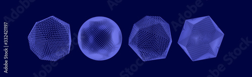 Crystals and spheres consisting of small particles. Objects with dots. Molecular grid. 3d vector illustration. Futuristic connection structure for education and science.