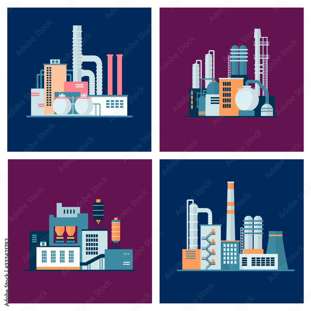 Set of industrial factory and plant buildings. Collection manufacturers with chimneys. Іcons set colorful illustration in flat style