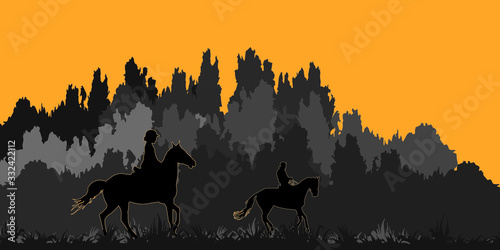 isolated silhouettes of riders against the dark forest