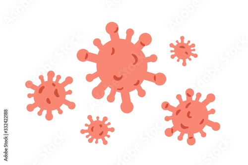 Group of virions isolated on white background. Small infectious agents. Virus pathogen. Viral microorganism. Coronavirus infectious bacteria. Vector illustration in flat cartoon style