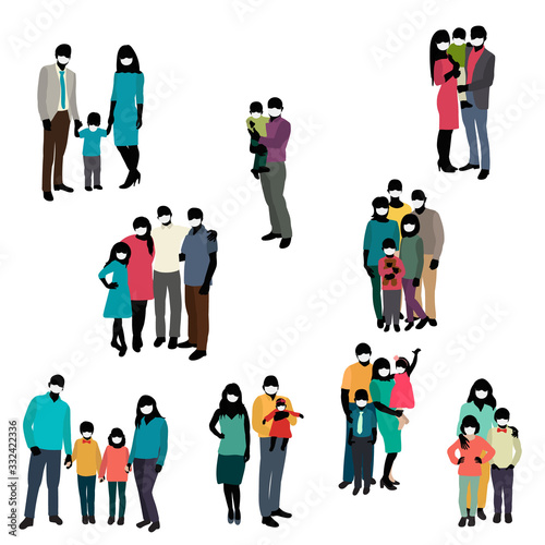isolated, crowd of people in medical masks, family, children