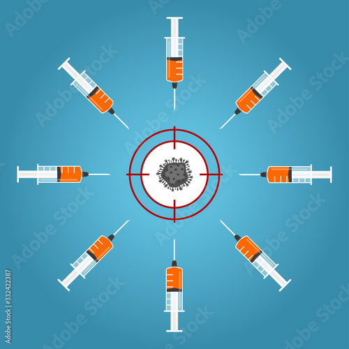 Medical syringe with vaccine, concept of virus control, injection