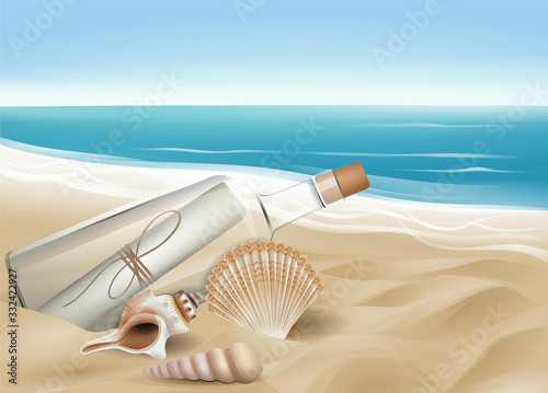 Shells and bottle with message on the beach