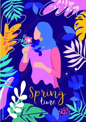 Spring time. Illustration with a girl and flowers in a flat style.