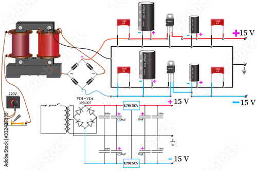  Bipolar power supply, which uses a step-down voltage transformer, diode bridge, constant capacitors, voltage regulator.