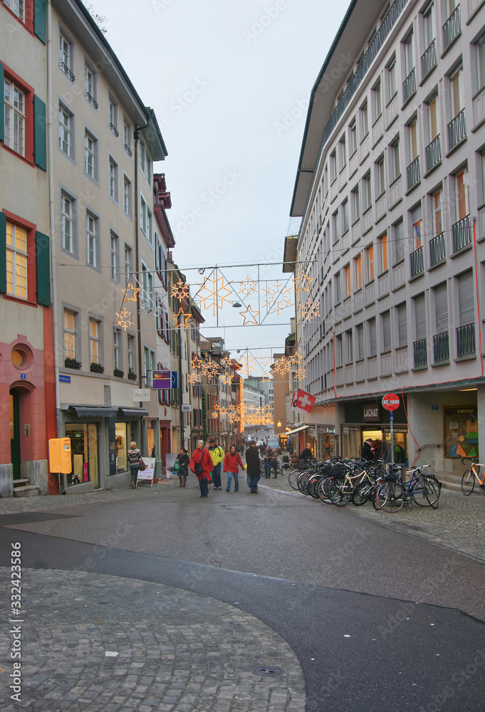 Street view with Christmas decoration in Old Town in Basel