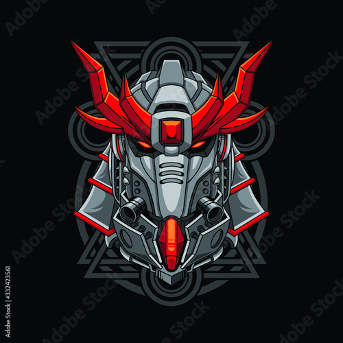 Mecha head samurai with sacred geometry pattern