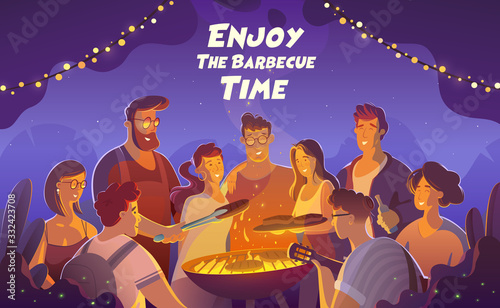 people and food concept - happy friends having meat for dinner at summer garden party at night.