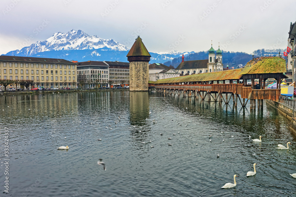 Chapel Bridge in Lucerne of Switzerland in winter