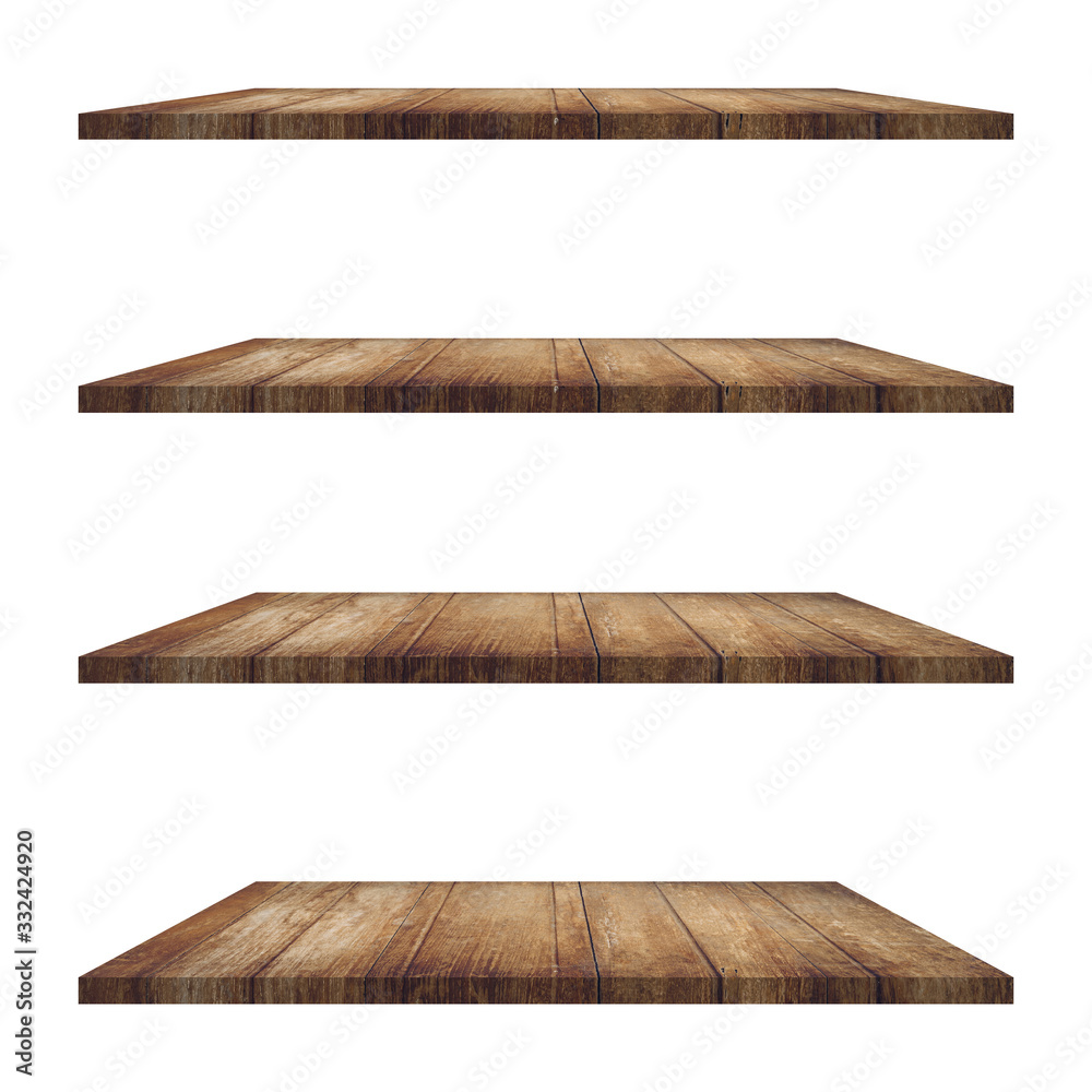 4 Wood shelves table isolated on white background and display montage for product. 4 Wood shelves table isolated on white background and display montage for product.